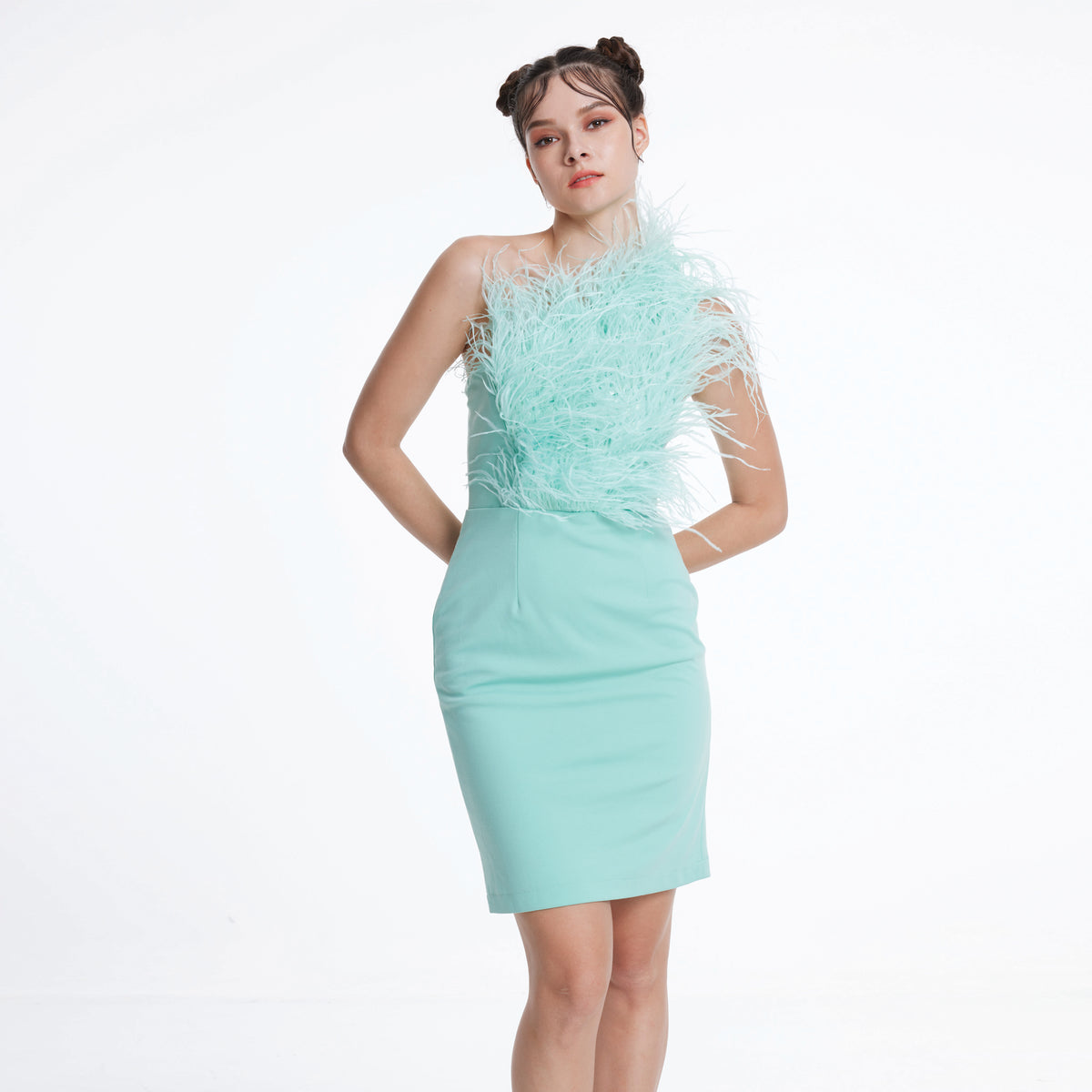 One Hand Off Shoulder Feather Dress